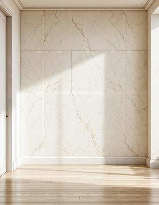 The primary subject of the image is a white marble wall. The setting is a room with a white door and a white floor. The visual style is a photo, and the colors and mood are predominantly white, giving the room a clean and minimalist appearance.