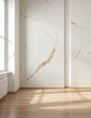 The primary subject of the image is a wall with a marble-like texture. The setting is a room with a window, and the visual style appears to be a photo. The colors and mood of the image are predominantly white, giving it a clean and minimalist appearance.