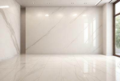 The primary subject of the image is a large, white marble wall. The setting is a room with a white tile floor, and the visual style is a photo. The colors and mood of the image are predominantly white, giving it a clean and minimalist appearance.
