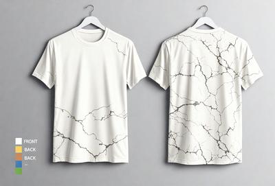 The primary subject of the image is a white t-shirt with a marble pattern. The setting is a gray background, and the visual style is a close-up of the t-shirt. The colors and mood of the image are predominantly white, with a subtle hint of gray from the background.