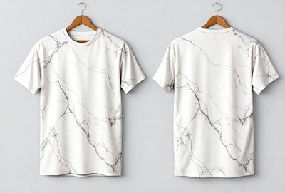 The image features two white shirts with marble patterns hanging on a rack. The shirts are displayed in a way that showcases their unique designs. The overall atmosphere of the image is clean and elegant, with the marble patterns adding a touch of sophistication to the shirts.