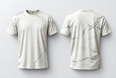 The primary subject of the image is a white t-shirt with a marble pattern on it. The setting is a white background, and the visual style is a digital art or illustration. The colors and mood of the image are predominantly white, giving it a clean and minimalist appearance.