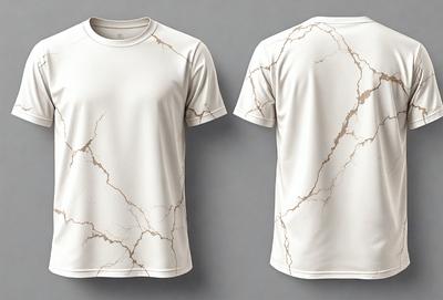 The primary subject of the image is a white t-shirt with a marbled texture. The setting is a gray background, which provides a clean and minimalist appearance. The visual style is a digital art, as the marbled texture is created through digital manipulation. The colors and mood of the image are predominantly white, giving it a clean and modern feel.