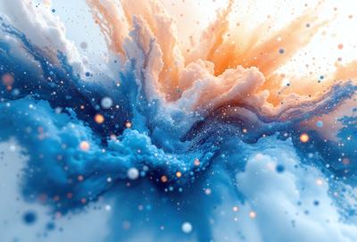 The primary subject of the image is a blue and orange swirl, which appears to be a digital art or illustration. The setting is a cloudy sky, and the visual style is a mix of digital art and illustration. The dominant colors in the image are blue and orange, creating a vibrant and dynamic atmosphere.