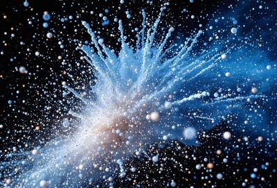 The primary subject of the image is a blue and white explosion, which appears to be a digital art or illustration. The setting is a dark background, and the visual style gives the impression of a futuristic or space-themed scene. The dominant colors are blue and white, creating a sense of motion and energy. The overall atmosphere is dynamic and captivating.