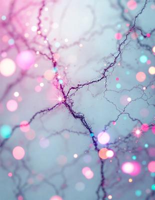 The primary subject of the image is a close-up of a cracked or fractured surface, possibly a piece of glass or a wall. The setting is a dark background, which contrasts with the bright colors of the cracked surface. The visual style appears to be a combination of a photo and digital art, as the cracked surface is depicted with a vibrant and artistic touch. The colors and mood of the image are predominantly pink and purple, creating a sense of depth and intrigue.