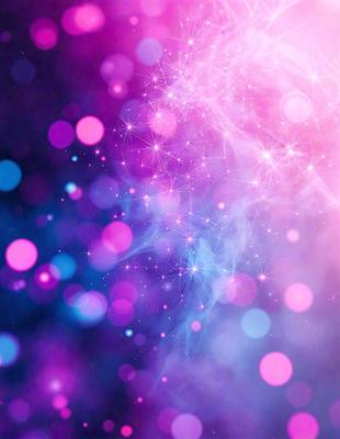 The primary subject of the image is a purple and pink nebula, which is a swirling mass of gas and dust in space. The setting is a space background, and the visual style is a digital art or illustration. The dominant colors in the image are purple and pink, creating a vibrant and lively atmosphere.