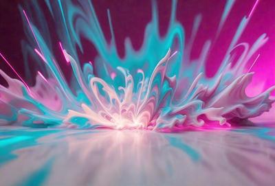 The primary subject of the image is a close-up of a colorful, swirling, and flowing pattern. The setting is a table, and the visual style appears to be a combination of a photo and digital art. The dominant colors in the image are pink, blue, and white, creating a vibrant and lively atmosphere.