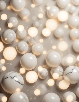 The primary subject of the image is a collection of white marble balls. The setting is a white background, which provides a clean and minimalist appearance. The visual style is a close-up of the marble balls, showcasing their unique texture and details. The colors and mood of the image are predominantly white, giving it a clean and elegant feel.