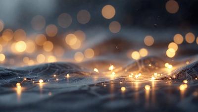 The primary subject of the image is a close-up of a patterned fabric with a blue background. The setting is a dark room, and the visual style appears to be a combination of a photo and digital art. The colors and mood of the image are predominantly dark and moody, with the blue fabric and the sparkling lights creating a visually striking scene.