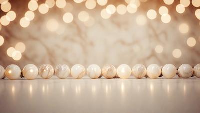 The primary subject of the image is a row of white, round, marble-like balls. They are arranged in a straight line on a white surface, which could be a table or a countertop. The setting appears to be indoors, possibly in a room with a white theme. The visual style of the image is a close-up of the balls, emphasizing their shape and texture. The colors and mood of the image are predominantly white, giving it a clean and minimalist appearance.