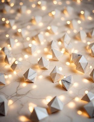 The primary subject of the image is a collection of white geometric shapes, possibly triangles or pyramids, arranged on a marble surface. The setting appears to be a white countertop or table, with the shapes glowing in the light. The visual style of the image is a combination of photo and digital art, creating a unique and eye-catching display. The colors and mood of the image are predominantly white, giving it a clean and minimalist appearance.