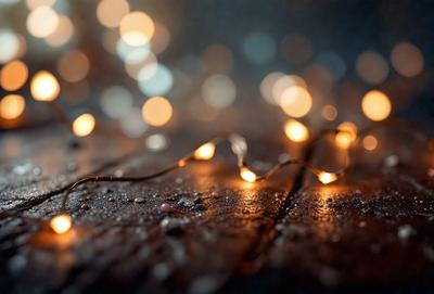 The primary subject of the image is a string of lights, which are illuminated and create a warm and inviting atmosphere. The lights are strung together, creating a visually appealing pattern. The setting is a dark room, which contrasts with the bright lights, emphasizing their glow. The visual style of the image is a close-up of the string of lights, showcasing their intricate design and texture. The colors and mood of the image are predominantly warm and cozy, with the lights providing