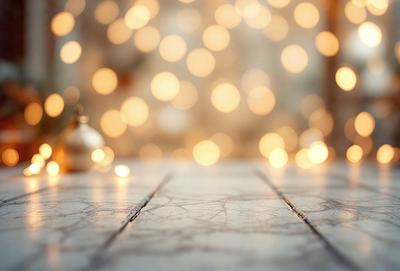 The primary subject of the image is a table with a patterned surface. The setting is a room with a wall covered in lights, creating a warm and inviting atmosphere. The visual style is a combination of a photo and digital art, as the lights on the wall are depicted in a patterned manner. The colors and mood of the image are predominantly warm and cozy, with the lights creating a sense of warmth and comfort.