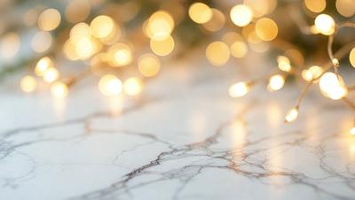 The primary subject of the image is a close-up of a marble table with a pattern of lights on it. The setting is a white marble table, and the visual style appears to be a combination of a photo and digital art. The colors and mood of the image are predominantly white, with the lights adding a touch of warmth and brightness to the scene.