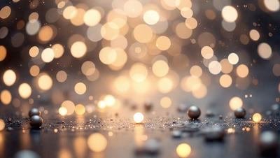 The primary subject of the image is a close-up of a sparkling, glittering surface, likely a table or a floor, with a pattern of light and dark spots. The setting appears to be indoors, possibly in a room with a dimly lit atmosphere. The visual style of the image is a combination of photo and digital art, creating a unique and eye-catching effect. The colors and mood of the image are predominantly dark and moody, with the sparkling surface providing a contrasting and