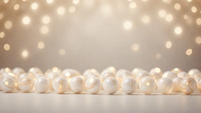 The primary subject of the image is a row of white, round, and shiny balls. The setting is a white background, which creates a clean and minimalist appearance. The visual style is a close-up of the balls, showcasing their details and texture. The colors and mood of the image are predominantly white, giving it a calm and serene atmosphere.