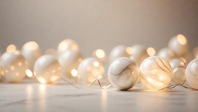 The primary subject of the image is a string of white light balls, which are hanging from a string. The setting is a white background, which provides a clean and minimalist appearance. The visual style is a combination of a photo and digital art, as the light balls are depicted in a realistic manner, while the overall atmosphere is bright and cheerful.