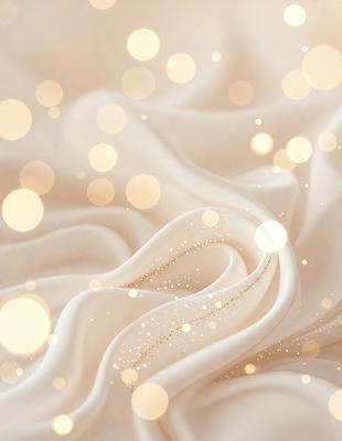 The primary subject of the image is a white sheet of fabric with gold glitter sprinkled on it. The setting is a white background, and the visual style is a close-up of the fabric. The colors and mood of the image are predominantly white and gold, creating a warm and elegant atmosphere.