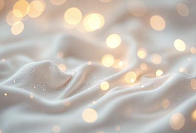 The primary subject of the image is a white sheet with a pattern of glittering lights on it. The setting is a bed, and the visual style appears to be a combination of a photo and digital art. The colors and mood of the image are predominantly white, with a touch of glittering lights, creating a serene and calming atmosphere.