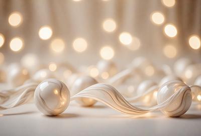 The primary subject of the image is a group of white, lighted balls arranged on a white surface. The setting appears to be a studio or a well-lit room, as the balls are illuminated by a light source. The visual style of the image is a combination of photo and digital art, creating a unique and eye-catching display. The colors and mood of the image are predominantly white, giving it a clean and minimalist appearance.