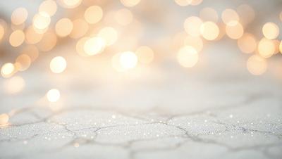 The primary subject of the image is a close-up of a snowy surface with a pattern of glittering lights. The setting is a winter landscape, and the visual style is a combination of a photo and digital art. The colors and mood of the image are predominantly white and cold, with the glittering lights adding a touch of warmth and beauty to the scene.