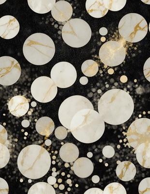 The primary subject of the image is a pattern of circles, which are arranged in a visually appealing manner. The circles are of various sizes and are placed on a black and white background. The setting appears to be a marble surface, which adds to the overall visual style of the image. The dominant colors are black and white, creating a classic and elegant atmosphere.