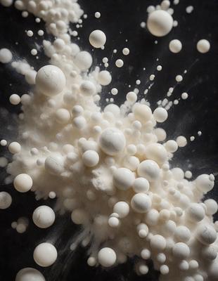 The primary subject of the image is a close-up of a white powder, possibly flour or a similar substance. The setting is a dark background, which contrasts with the white powder. The visual style appears to be a close-up of the powder, possibly a photo or a digital art piece. The colors and mood of the image are predominantly white, giving it a clean and simple appearance.