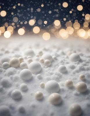 The primary subject of the image is a large pile of white balls, which are scattered throughout the scene. The setting appears to be a snowy environment, with the balls sitting on a snow-covered surface. The visual style of the image is a combination of photo and digital art, creating a unique and eye-catching display. The dominant colors in the image are white and gray, giving the scene a cold and wintry atmosphere.