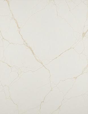 The primary subject of the image is a white marble wall with a pattern of gold veins. The setting is a room with a white marble floor. The visual style is a close-up of the marble wall, showcasing its unique texture and design. The colors and mood of the image are predominantly white, with the gold veins adding a touch of warmth and sophistication.