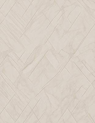 The primary subject of the image is a white tile wall with a patterned design. The setting is a room with a white tile floor. The visual style is a close-up of the tile wall, showcasing the intricate pattern. The colors and mood of the image are predominantly white, giving it a clean and minimalist appearance.