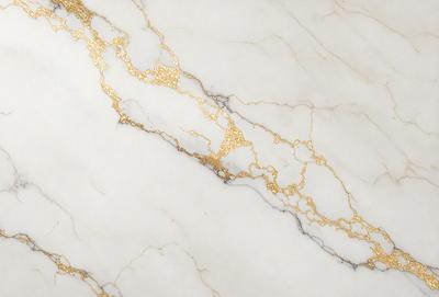 The primary subject of the image is a marble wall with gold accents. The setting is a room with a white marble surface. The visual style is a close-up of the marble wall, showcasing the gold accents. The colors and mood of the image are predominantly white and gold, creating a luxurious and elegant atmosphere.