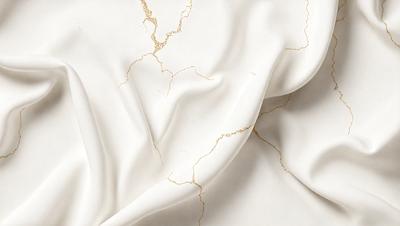 The primary subject of the image is a white sheet of fabric with gold-colored streaks. The setting is a white background, and the visual style is a close-up of the fabric. The colors and mood of the image are predominantly white and gold, creating a sense of elegance and sophistication.