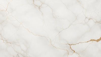 The primary subject of the image is a white marble wall with a gold-colored vein running through it. The setting is a room with a white marble floor, and the visual style is a close-up of the marble wall. The colors and mood of the image are predominantly white and gold, creating a luxurious and elegant atmosphere.