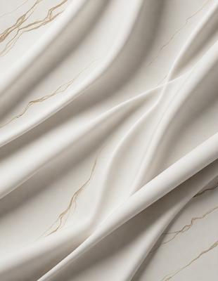 The primary subject of the image is a white sheet of fabric with a pattern of gold and white stripes. The setting is a white wall, and the visual style appears to be a photo. The colors and mood of the image are predominantly white, with the gold stripes adding a touch of warmth and sophistication.