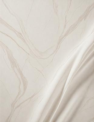 The primary subject of the image is a white marble wall with a pattern of swirls. The setting is a room with a white marble floor. The visual style is a close-up of the marble wall, showcasing its texture and pattern. The colors and mood of the image are predominantly white, giving it a clean and elegant appearance.