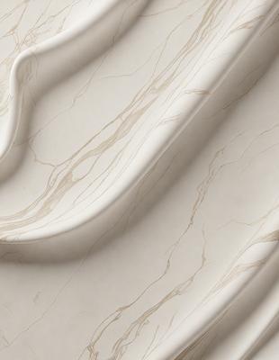 The primary subject of the image is a marble countertop with a wave-like pattern. The setting is a kitchen, and the visual style is a close-up of the countertop. The colors and mood of the image are predominantly white, giving it a clean and elegant appearance.