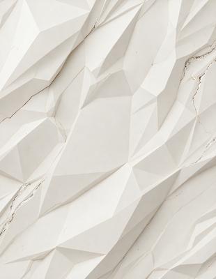 The primary subject of the image is a white marble wall with a pattern of triangles. The setting is a room with a white marble surface, which gives the room a clean and elegant appearance. The visual style of the image is a close-up of the marble wall, showcasing the intricate pattern of the triangles. The colors and mood of the image are predominantly white, giving it a calm and serene atmosphere.