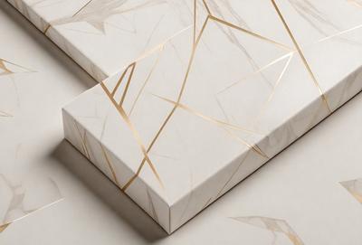 The primary subject of the image is a box with a gold design on it. The box is placed on a white surface, which serves as the background. The visual style of the image is a combination of photo and digital art, as it features a gold design on the box. The colors and mood of the image are predominantly white and gold, giving it a sophisticated and elegant appearance.