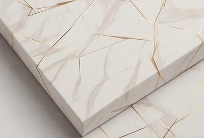 The primary subject of the image is a white marble table with a gold-colored border. The table is placed on a white surface, which serves as the background. The visual style of the image is a combination of photo and digital art, creating a unique and elegant appearance. The colors and mood of the image are predominantly white and gold, giving it a sophisticated and luxurious feel.