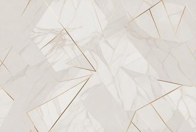 The primary subject of the image is a marble tile wall with a gold pattern. The setting is a room with a white marble wall, and the visual style is a close-up of the wall. The colors and mood of the image are predominantly white and gold, creating a luxurious and elegant atmosphere.