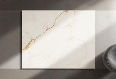 The primary subject of the image is a marble countertop with a gold-colored surface. The setting is a room with a gray background, and the visual style is a photo. The countertop has a white and gold color scheme, giving it a luxurious and elegant appearance.