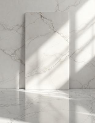 The primary subject of the image is a white marble wall with a pattern of swirls. The setting is a room with a white marble floor, and the visual style is a photo. The colors and mood of the image are predominantly white, giving it a clean and elegant appearance.