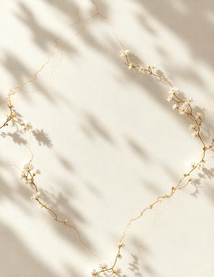 The primary subject of the image is a wall with a pattern of gold and white flowers. The setting is a white wall, and the visual style appears to be a photo. The dominant colors are gold and white, creating a warm and elegant atmosphere.