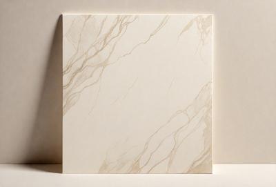 The primary subject of the image is a square piece of marble, which is the main object, scene, or focus of the image. The marble is white and has a patterned texture, giving it a unique and elegant appearance. The setting or background of the image is a white surface, which provides a clean and minimalist backdrop for the marble. The visual style of the image is a close-up of the marble, showcasing its intricate details and texture. The colors and mood of the image are pre