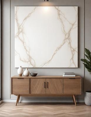 The primary subject of the image is a wooden cabinet with a marble top. The cabinet is placed in a room with a gray wall and a large mirror above it. The setting includes a potted plant and a vase, adding to the overall atmosphere of the space. The visual style of the image is a photo, capturing the details of the cabinet and its surroundings. The colors and mood of the image are predominantly neutral, with the wooden cabinet and marble top providing a warm and natural feel to the space.