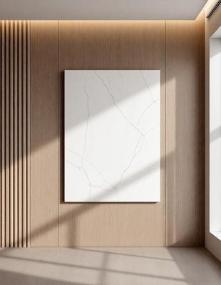 The primary subject of the image is a white, marble-like wall art piece. The setting is a room with a wooden wall, and the visual style is a photo. The colors and mood of the image are predominantly white, giving it a clean and minimalist appearance.