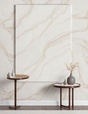The primary subject of the image is a vase with a plant in it, placed on a table. The setting is a room with a wall featuring a marble pattern. The visual style is a photo, and the colors and mood are predominantly neutral, with a touch of natural green from the plant.