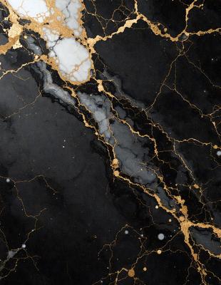 The primary subject of the image is a marble countertop with a gold-like pattern. The setting is a kitchen, and the visual style is a close-up of the marble countertop. The colors and mood of the image are predominantly black and gold, giving it a luxurious and elegant appearance.