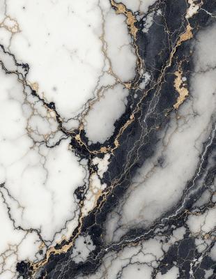 The primary subject of the image is a marble wall with a gold and black pattern. The setting is a room with a marble countertop. The visual style is a close-up of the marble wall, showcasing the intricate design. The dominant colors are gold, black, and white, creating a luxurious and elegant atmosphere.